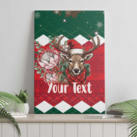 Personalized Christmas canvas art with springbok and flowers, 'Your Text' in red/green.