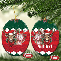 Ceramic oval Christmas ornament pair, green top and red plaid reindeer floral, front and back