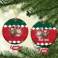 Ceramic round Christmas ornament pair, green top and red plaid reindeer floral, front/back tags