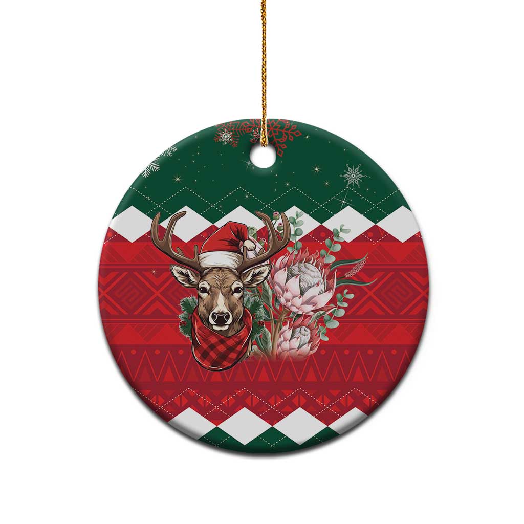 Ceramic round Christmas ornament with green top, red plaid reindeer and flowers design
