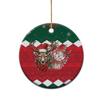 Ceramic round Christmas ornament with green top, red plaid reindeer and flowers design
