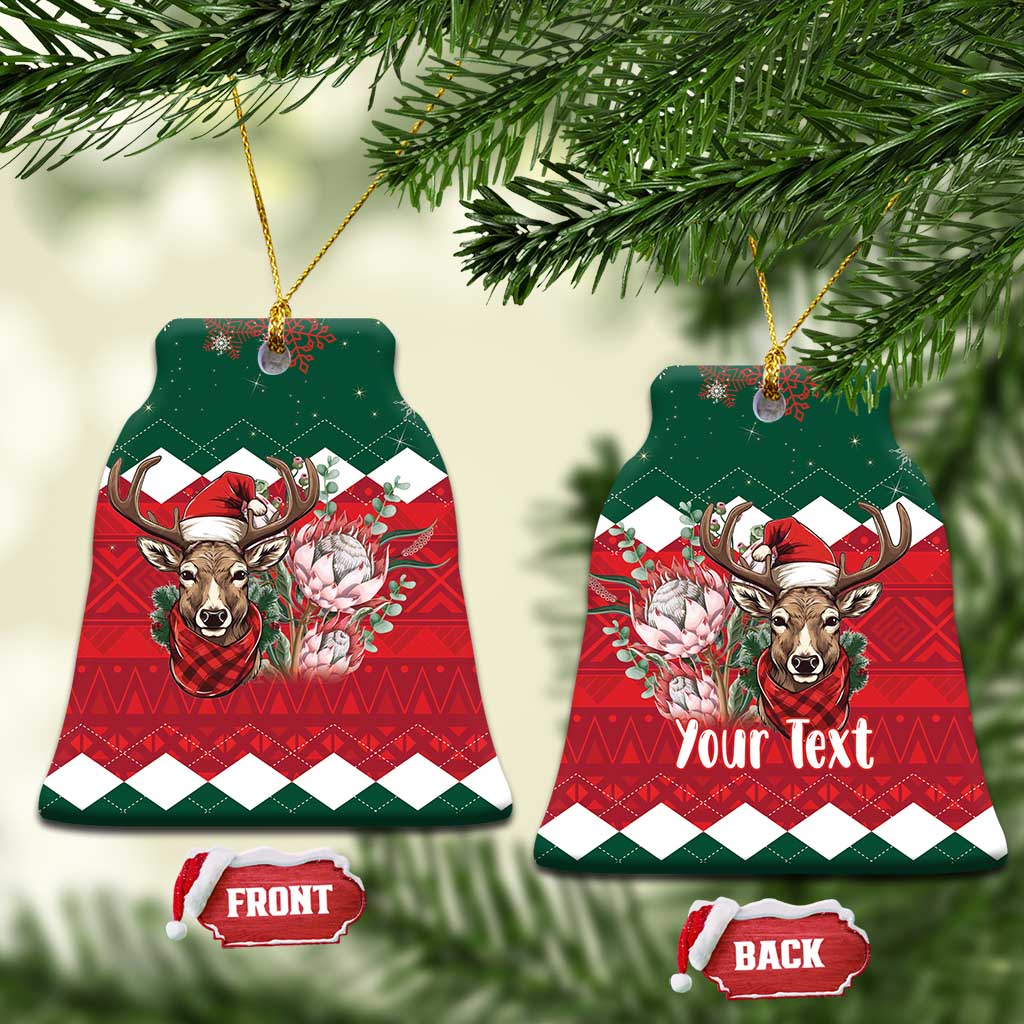 Ceramic bell Christmas ornament pair, green top and red plaid reindeer floral, front/back tags