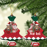Ceramic tree-shaped Christmas ornament pair, green top and red plaid reindeer floral, front/back