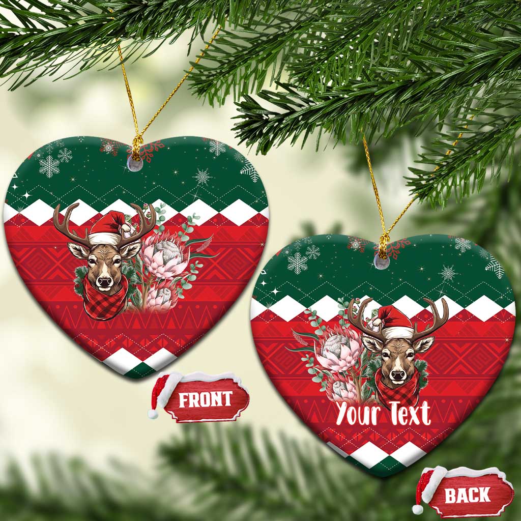 Ceramic heart Christmas ornament set, green top and red plaid reindeer design, front/back tags