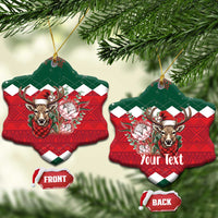 Ceramic star and heart Christmas ornament set, green and red reindeer floral plaid, front/back tags