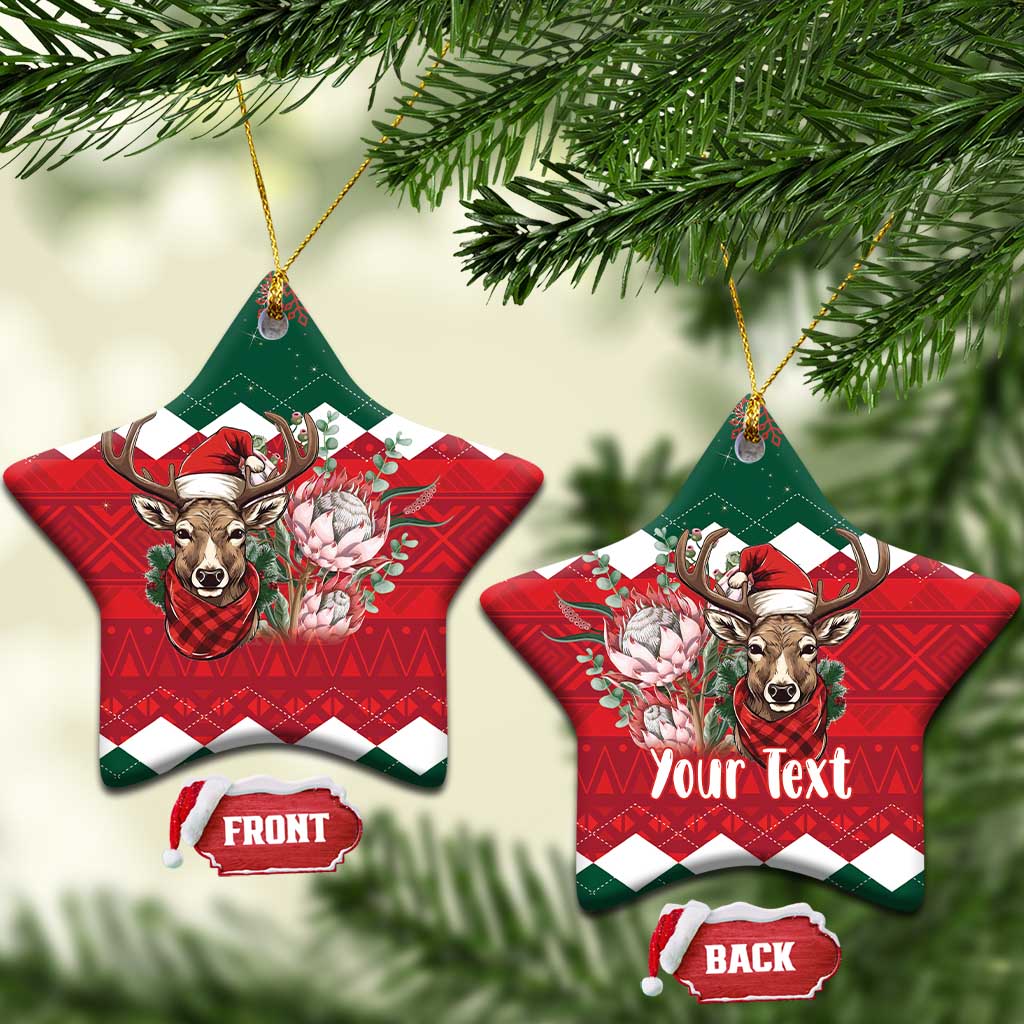 Ceramic star and heart Christmas ornament set with reindeer and flowers on red plaid, front/back