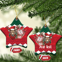 Ceramic star and heart Christmas ornament set with reindeer and flowers on red plaid, front/back