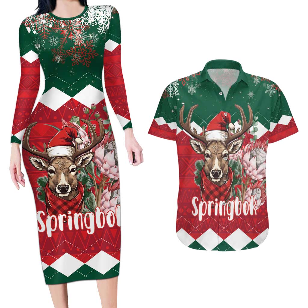 Personalized South Africa Christmas Couples Matching Long Sleeve Bodycon Dress and Hawaiian Shirt Springbok With King Protea - Wonder Print Shop