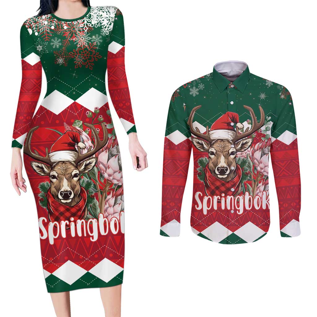 Personalized South Africa Christmas Couples Matching Long Sleeve Bodycon Dress and Long Sleeve Button Shirt Springbok With King Protea - Wonder Print Shop