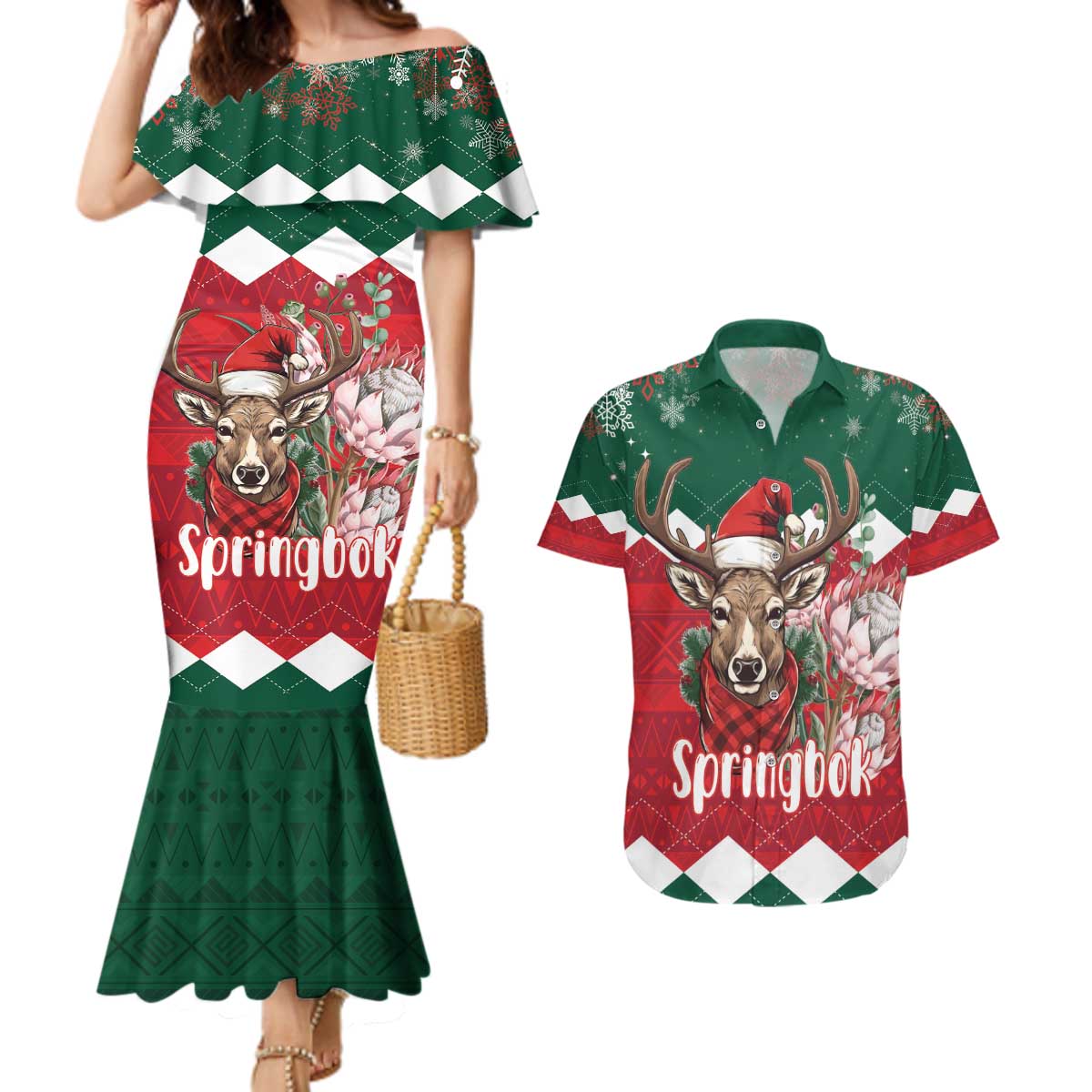 Personalized South Africa Christmas Couples Matching Mermaid Dress and Hawaiian Shirt Springbok With King Protea - Wonder Print Shop