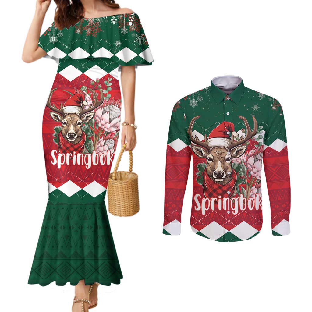 Personalized South Africa Christmas Couples Matching Mermaid Dress and Long Sleeve Button Shirt Springbok With King Protea