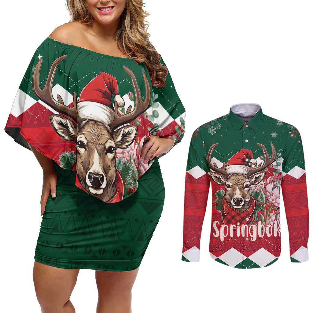 Personalized South Africa Christmas Couples Matching Off Shoulder Short Dress and Long Sleeve Button Shirt Springbok With King Protea - Wonder Print Shop