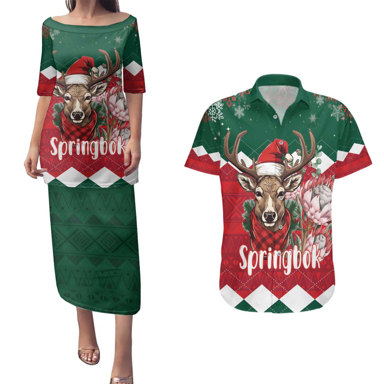 Personalized South Africa Christmas Couples Matching Puletasi and Hawaiian Shirt Springbok With King Protea - Wonder Print Shop