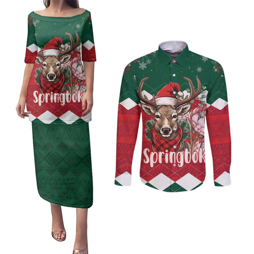 Personalized South Africa Christmas Couples Matching Puletasi and Long Sleeve Button Shirt Springbok With King Protea - Wonder Print Shop