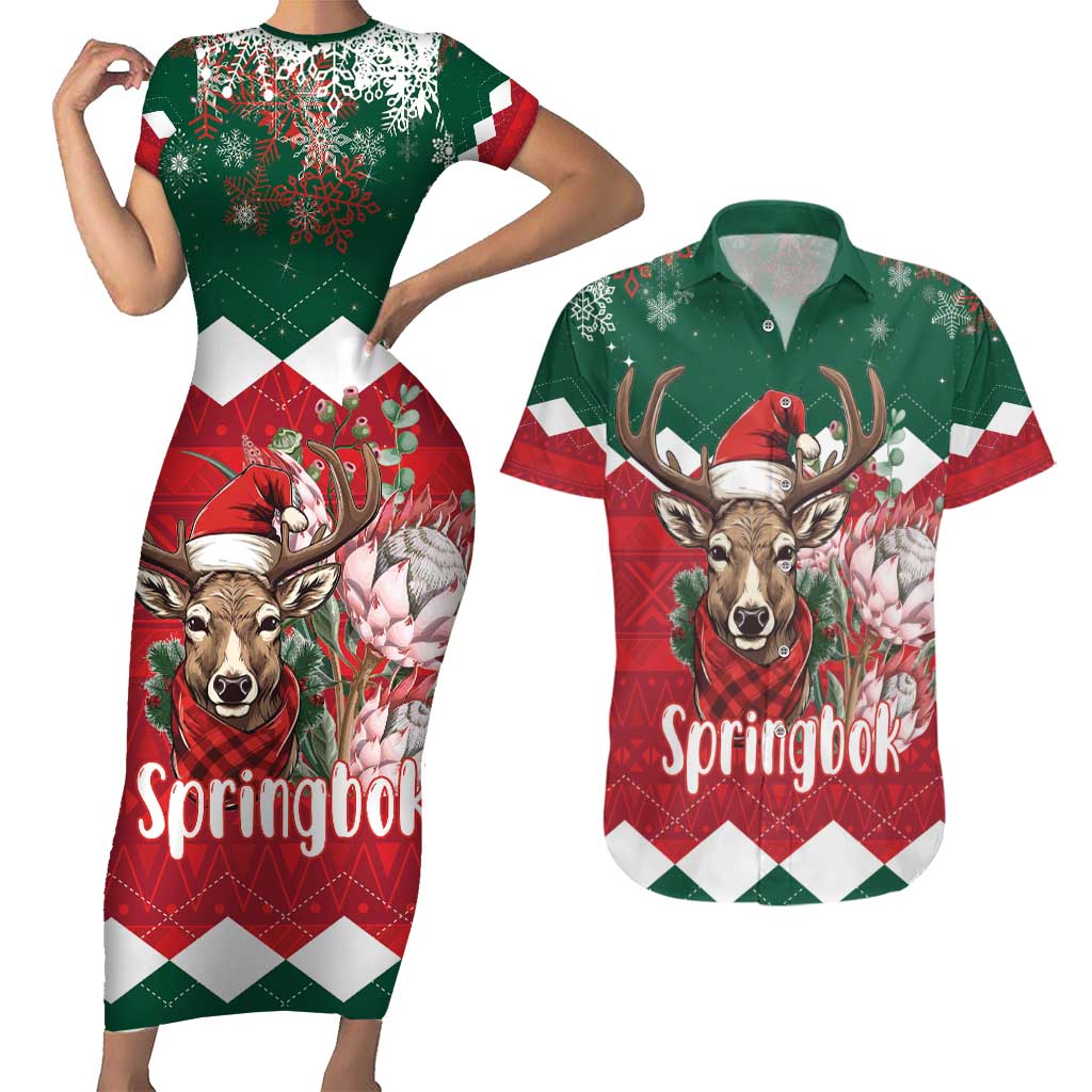 Personalized South Africa Christmas Couples Matching Short Sleeve Bodycon Dress and Hawaiian Shirt Springbok With King Protea - Wonder Print Shop