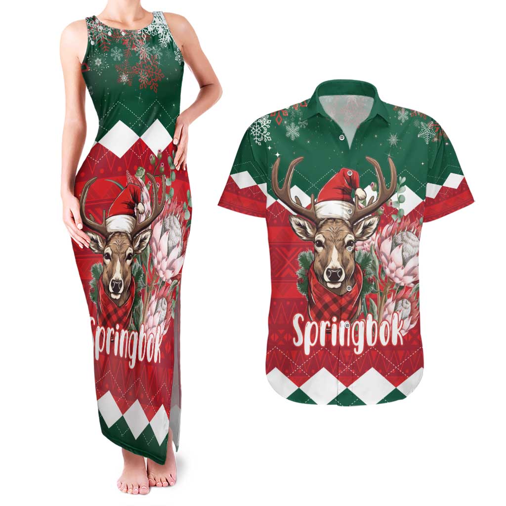 Personalized South Africa Christmas Couples Matching Tank Maxi Dress and Hawaiian Shirt Springbok With King Protea - Wonder Print Shop