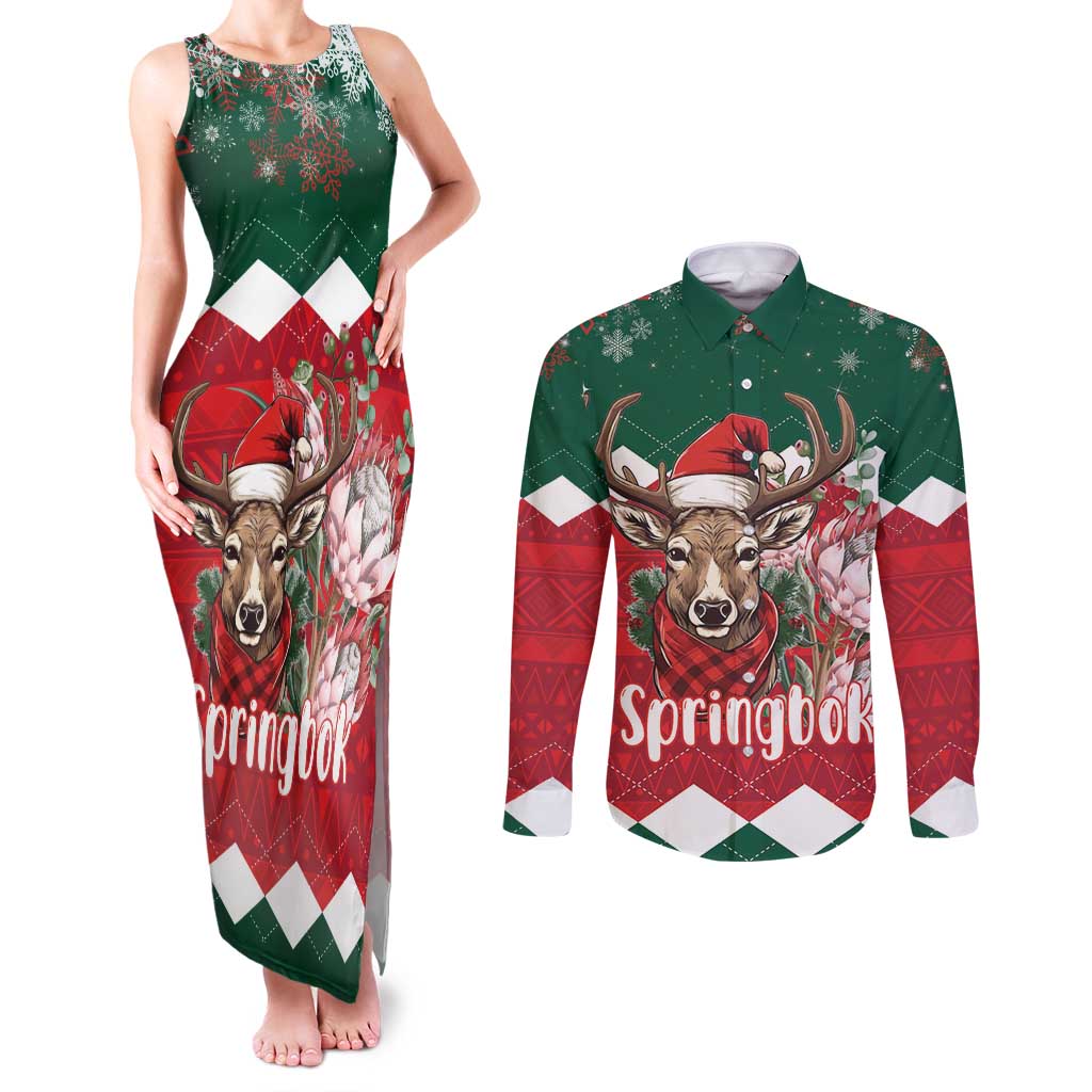 Personalized South Africa Christmas Couples Matching Tank Maxi Dress and Long Sleeve Button Shirt Springbok With King Protea - Wonder Print Shop