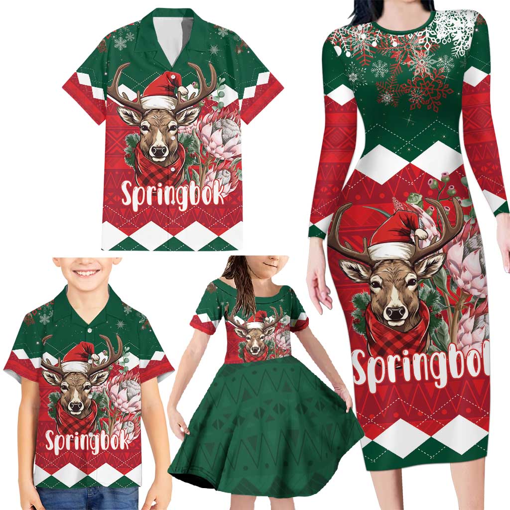 Personalized South Africa Christmas Family Matching Long Sleeve Bodycon Dress and Hawaiian Shirt Springbok With King Protea - Wonder Print Shop