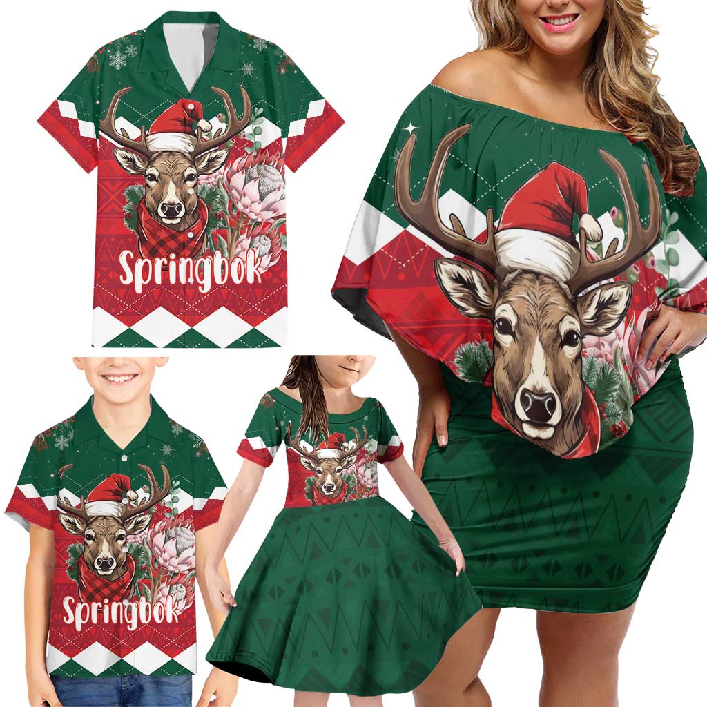 Personalized South Africa Christmas Family Matching Off Shoulder Short Dress and Hawaiian Shirt Springbok With King Protea - Wonder Print Shop