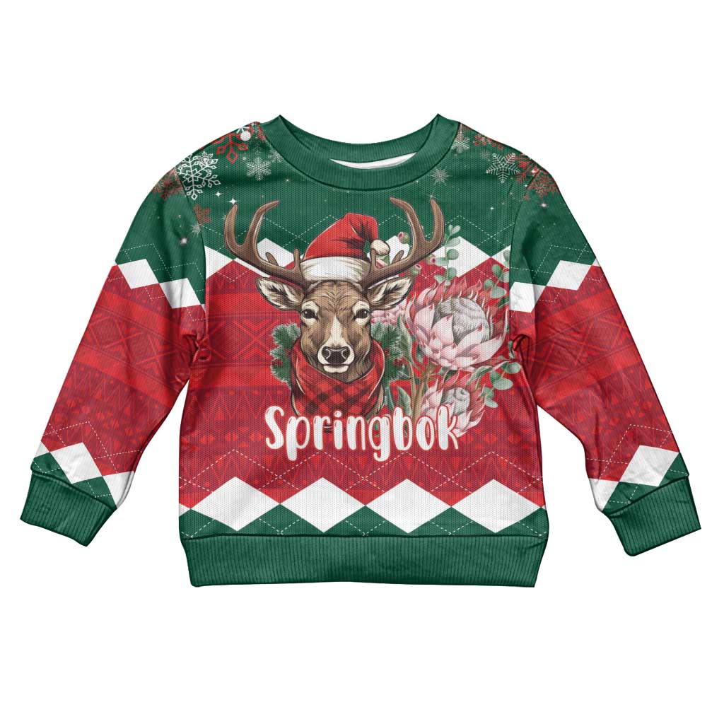 Personalized South Africa Christmas Kid Ugly Christmas Sweater Springbok With King Protea - Wonder Print Shop