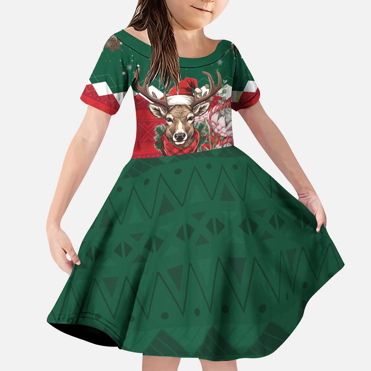 Personalized South Africa Christmas Kid Short Sleeve Dress Springbok With King Protea - Wonder Print Shop