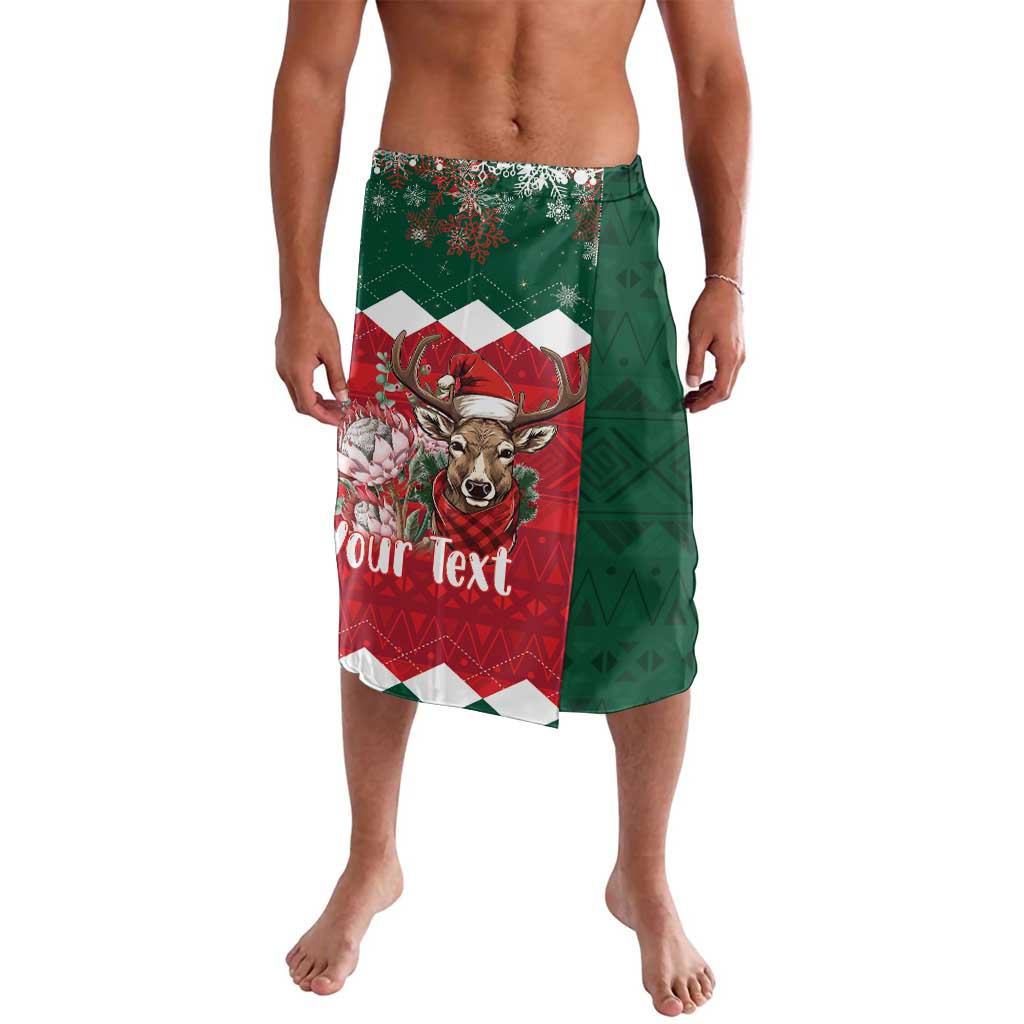 Personalized Christmas lavalava skirt, green and red deer graphic with custom text patch