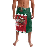 Personalized Christmas lavalava skirt, green and red deer graphic with custom text patch