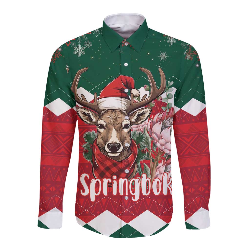 Green long-sleeve button shirt with festive reindeer graphic and Springbok text