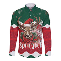 Green long-sleeve button shirt with festive reindeer graphic and Springbok text