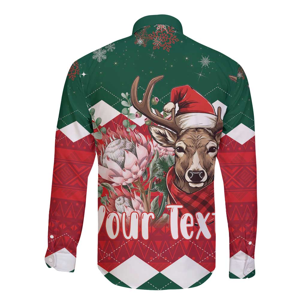 Green long-sleeve button shirt with reindeer and floral holiday print, back view