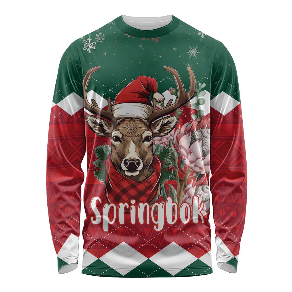 Personalized South Africa Christmas Long Sleeve Shirt Springbok With King Protea - Wonder Print Shop