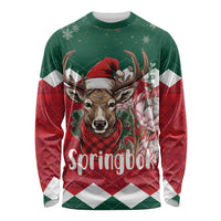 Unisex long sleeve Christmas shirt with springbok graphic, red green plaid, Santa hat