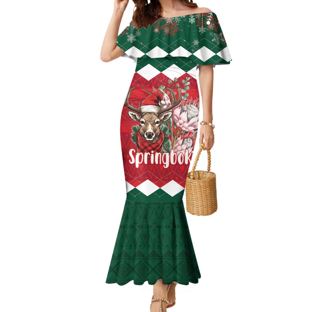 Personalized South Africa Christmas Mermaid Dress Springbok With King Protea - Wonder Print Shop