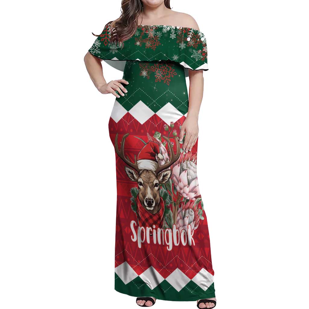 Personalized South Africa Christmas Off Shoulder Maxi Dress Springbok With King Protea - Wonder Print Shop