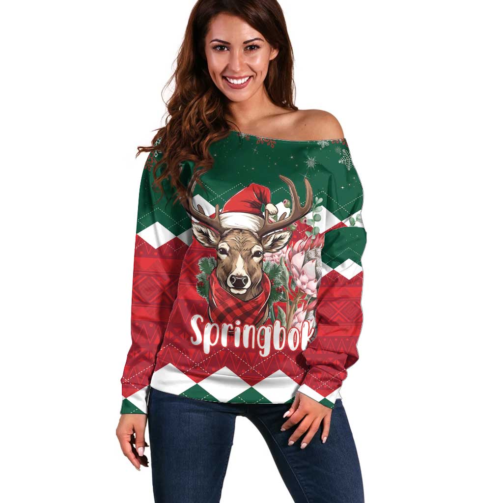 Personalized South Africa Christmas Off Shoulder Sweater Springbok With King Protea - Wonder Print Shop