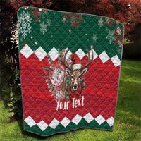 Personalized Christmas quilt, red and green with reindeer, floral accents and 'Your Text'