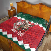 Personalized Christmas quilt on bed, red-green reindeer graphic and 'Your Text' overlay