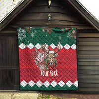 Personalized Christmas quilt hanging on porch, red-green reindeer graphic and 'Your Text'