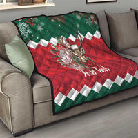 Personalized Christmas quilt draped on sofa, red-green reindeer graphic and 'Your Text'