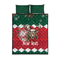 Personalized quilt bed set with green pillows, red-and-white check quilt, reindeer, 'Your Text'