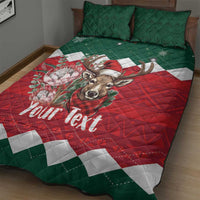 Personalized quilt bed set with green pillows and red quilt, reindeer bouquet, 'Your Text'