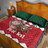 Personalized quilt bed set with quilt and two green pillow shams, red check design, 'Your Text'