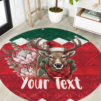 Round Christmas rug with deer illustration and 'Your Text' on red/green design.