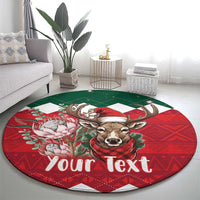 Round Christmas rug with centered deer artwork, floral accents, and 'Your Text' text.