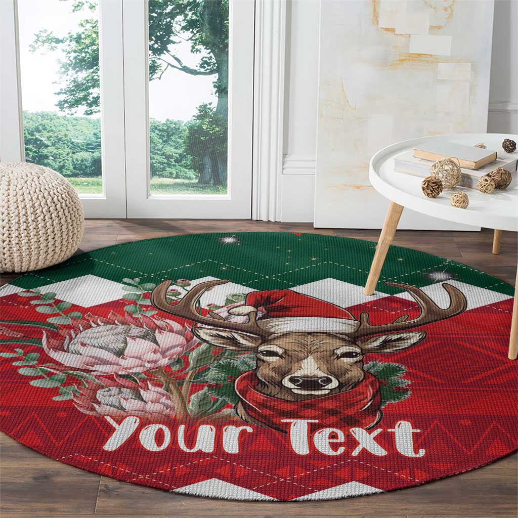 Round Christmas rug featuring deer and flowers with 'Your Text' lettering on red fabric.