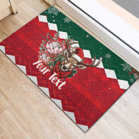 Personalized Christmas rubber doormat with reindeer, king protea, and Your Text, red and green