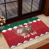 Personalized Christmas rubber doormat red green with reindeer and king protea, Your Text
