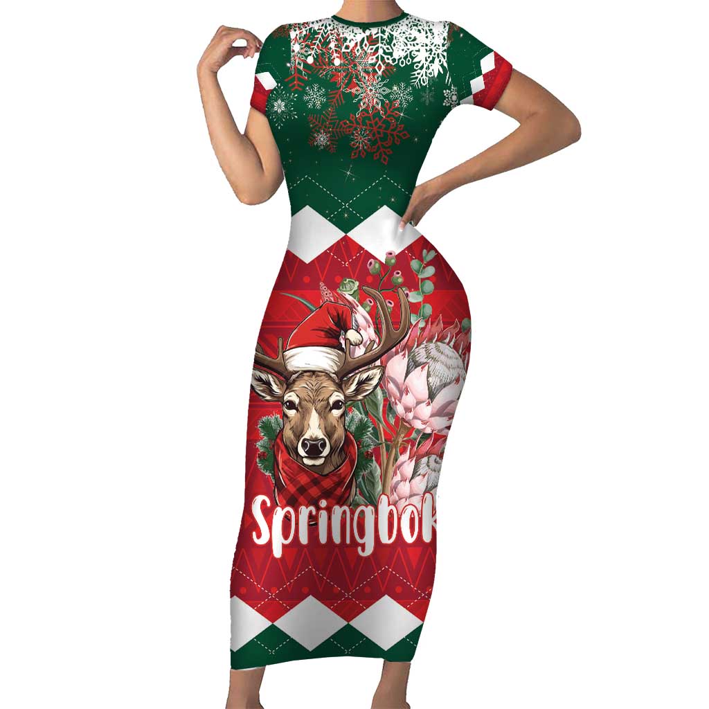 Personalized South Africa Christmas Short Sleeve Bodycon Dress Springbok With King Protea