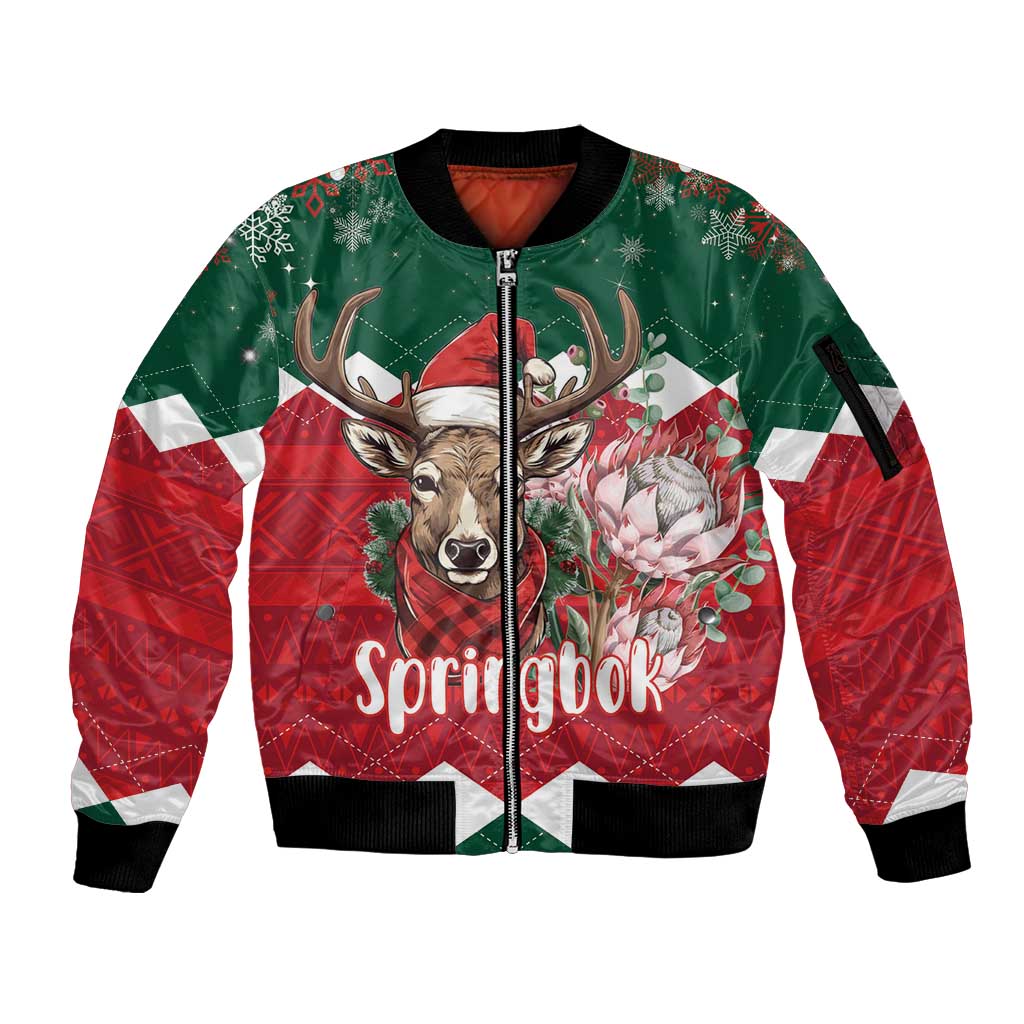 Personalized South Africa Christmas Sleeve Zip Bomber Jacket Springbok With King Protea