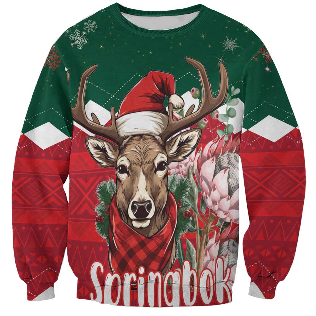 Unisex Christmas sweatshirt, red and green with reindeer face, Santa hat, and snowflakes